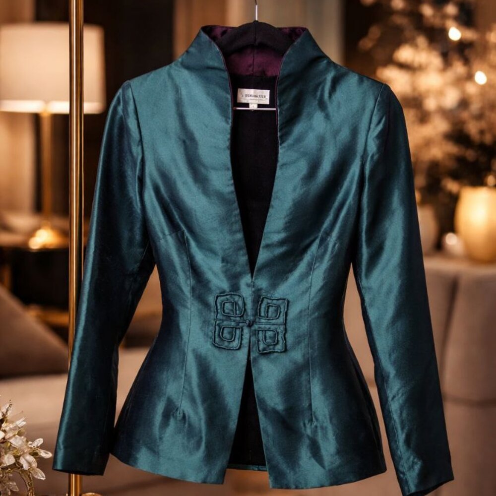 ragon Silk Shanghai Teal & Purple Silk Blend Asian Style Blazer Jacket Women’s S